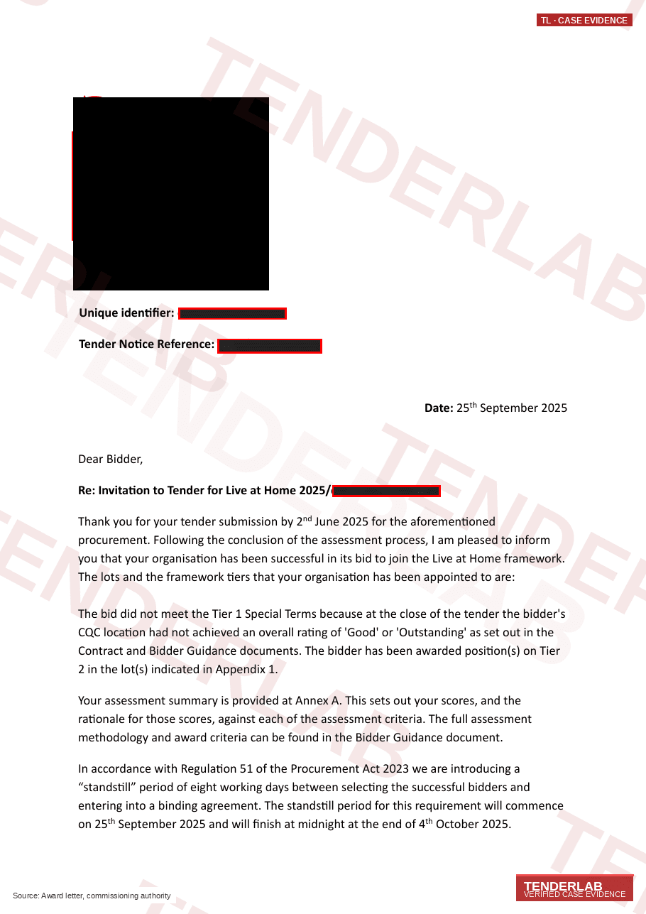 Award letter: Essex County Council – Live at Home 2025 Framework