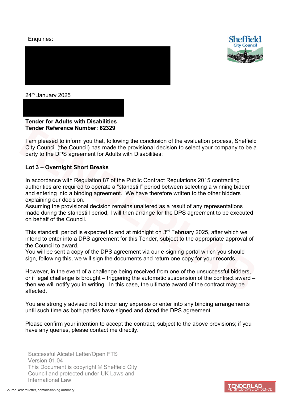Redacted award evidence for Sheffield City Council case study
