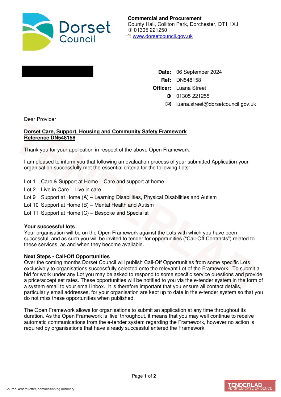 Redacted award evidence for Dorset Council case study
