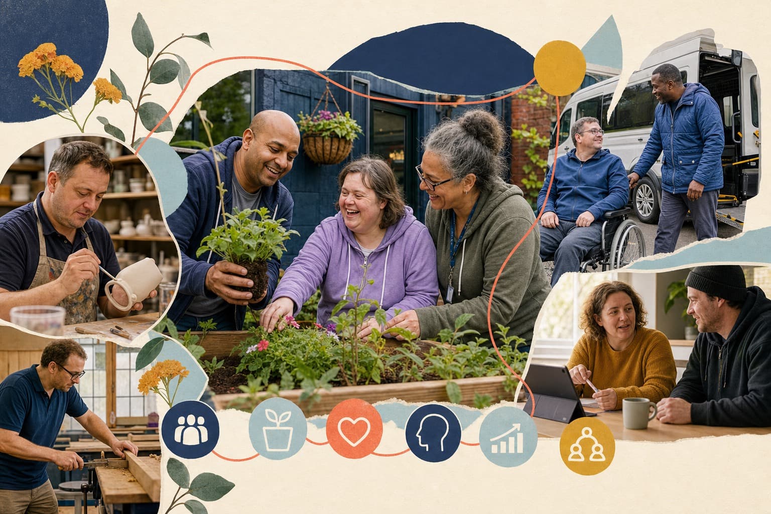 People taking part in a community day service, connected to activity, inclusion and outcomes evidence