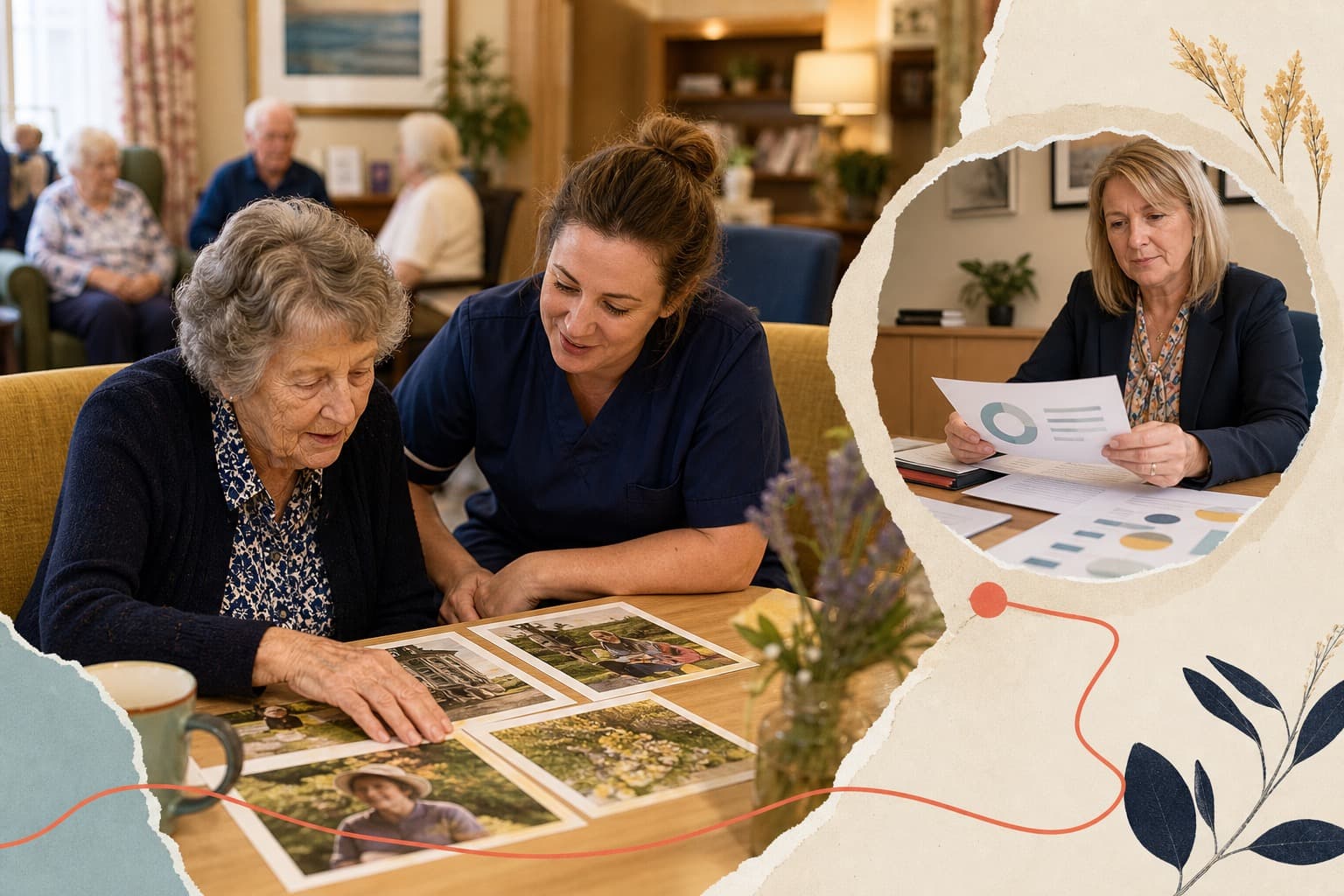 An older person and residential care worker in a communal home setting, connected to governance and quality evidence