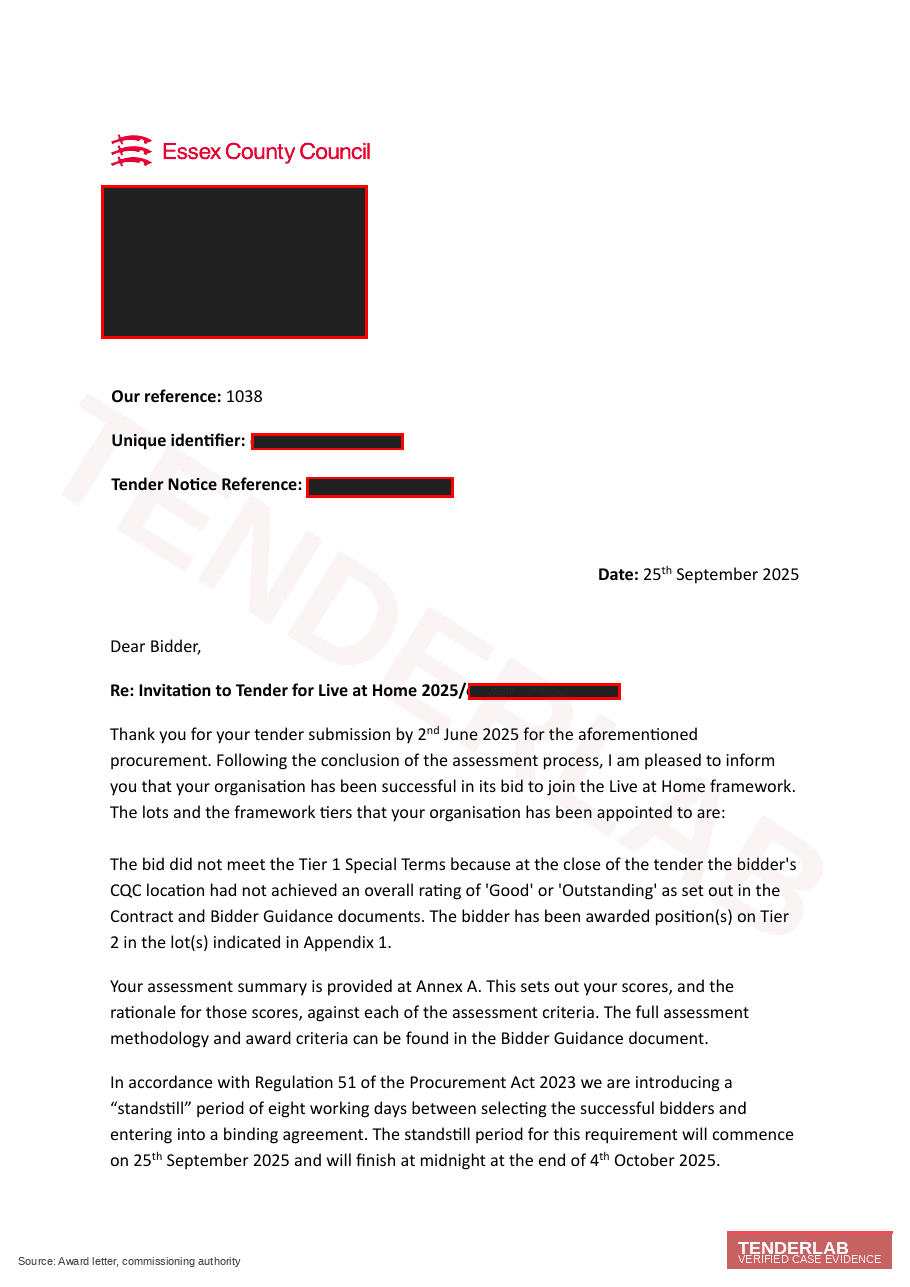 Redacted award evidence for Essex County Council case study