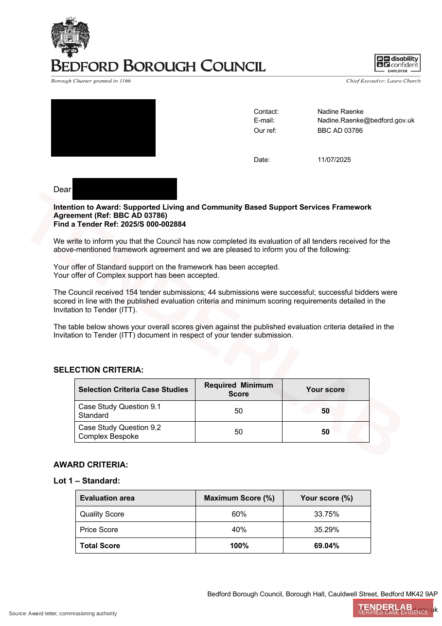 Redacted local authority tender award correspondence used as supporting evidence