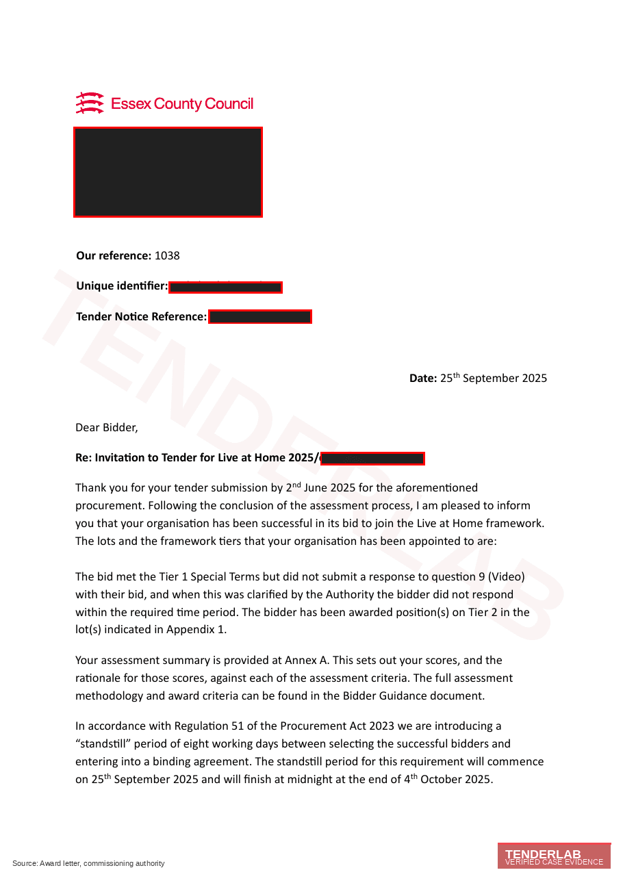 Redacted award evidence for Essex County Council case study