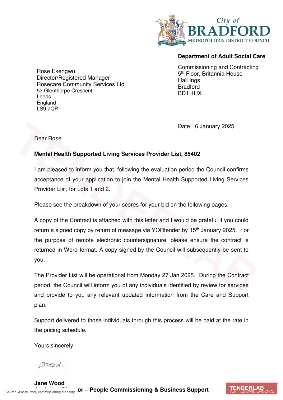 Redacted award evidence for Bradford Council case study