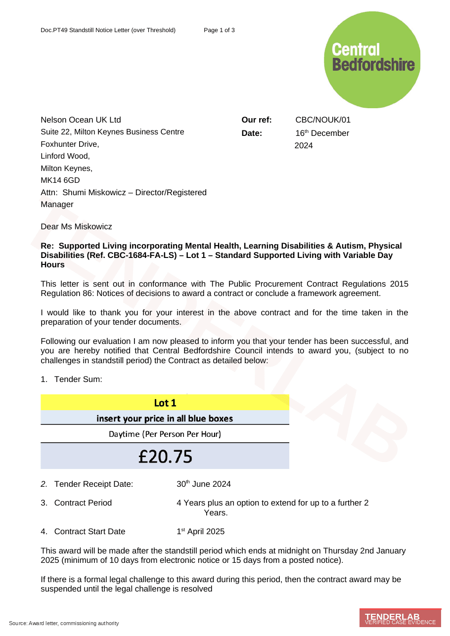 Redacted award evidence for Central Bedfordshire Council case study