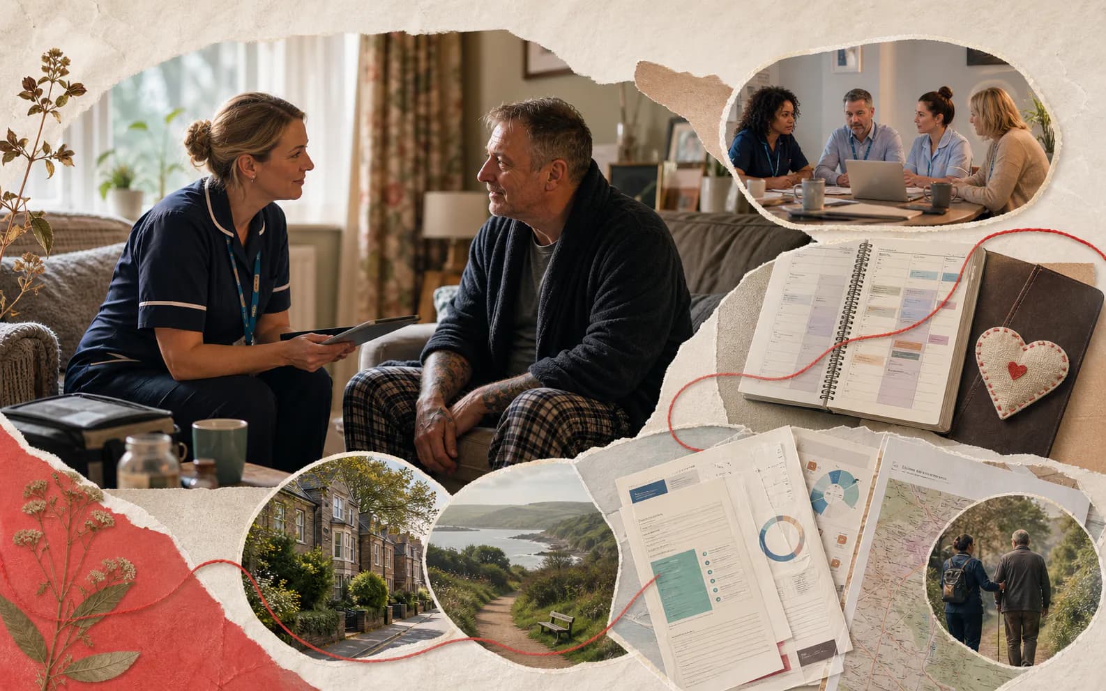 A community nurse supporting a person at home, linked to multidisciplinary review and clinical governance evidence
