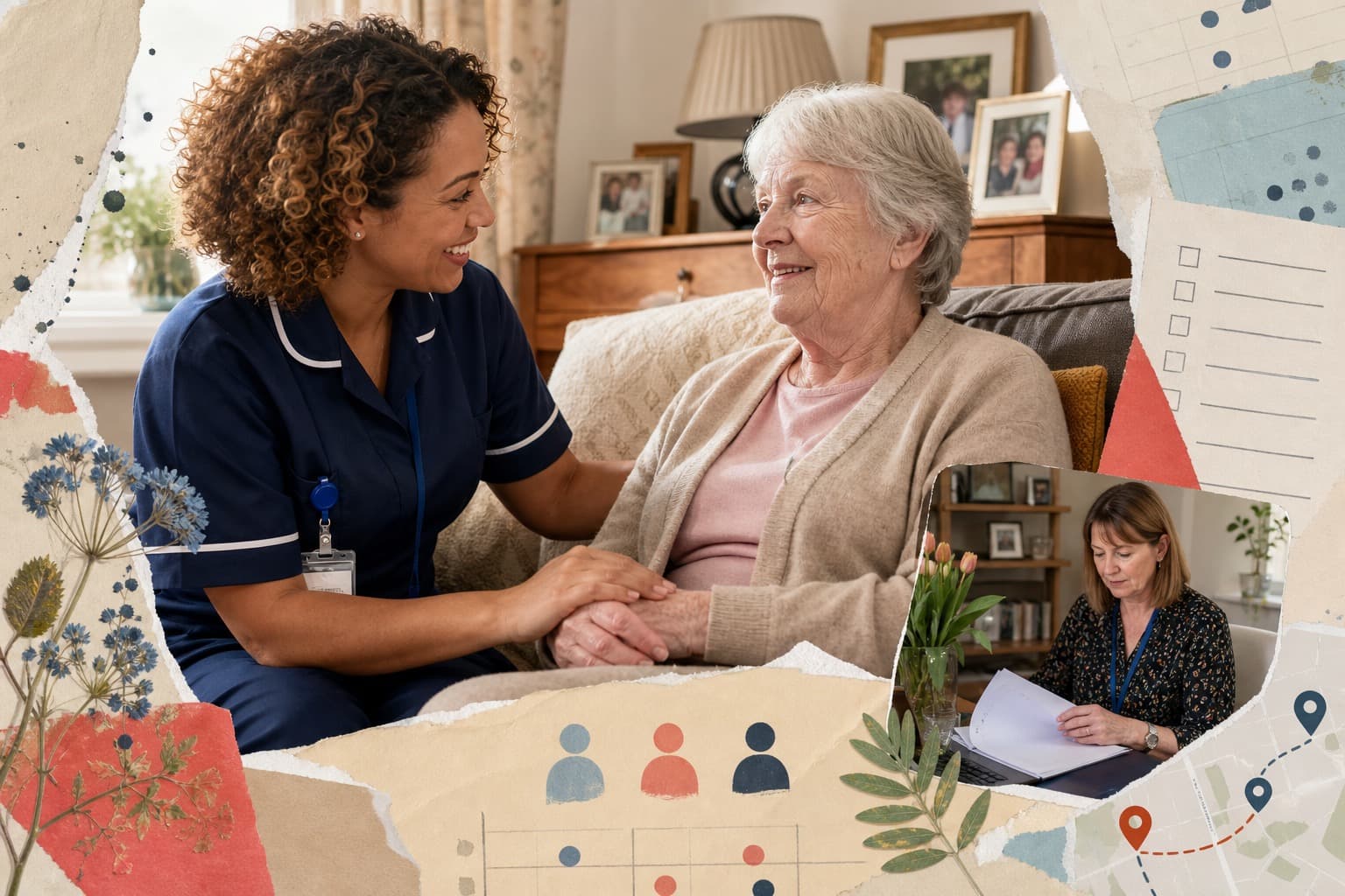 A domiciliary care worker supporting an older person at home, connected to care records and commissioner evidence
