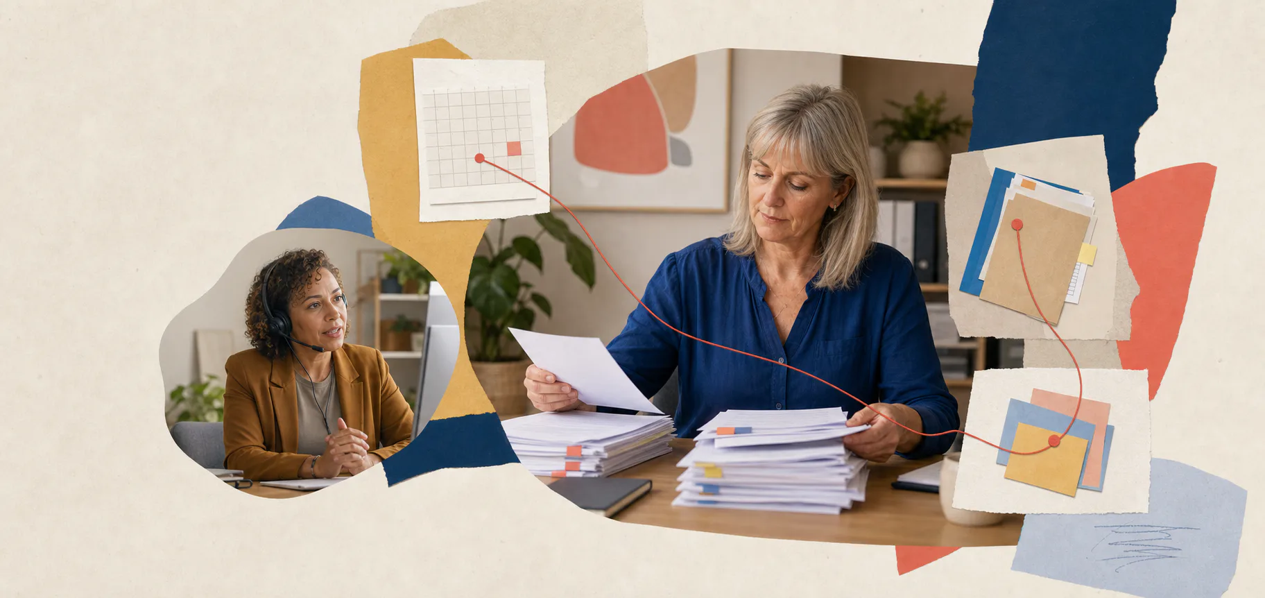 A care provider director and tender specialist discussing questions beside procurement notes and evidence