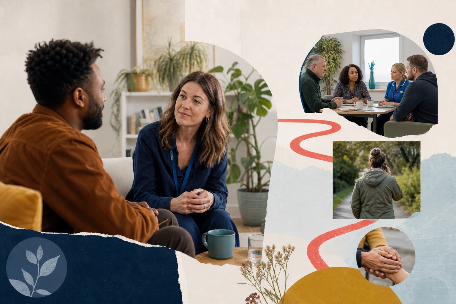 A mental health professional in conversation with a person, connected to recovery, risk and partnership evidence