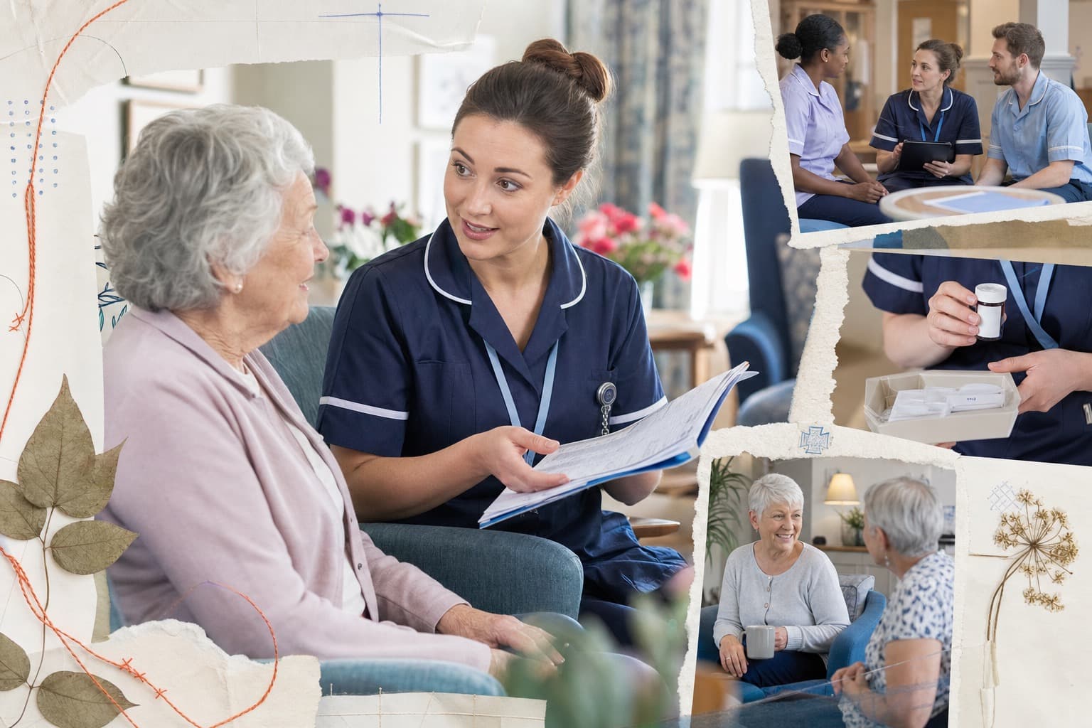 A nurse supporting an older person in a care setting, connected to clinical oversight and quality evidence