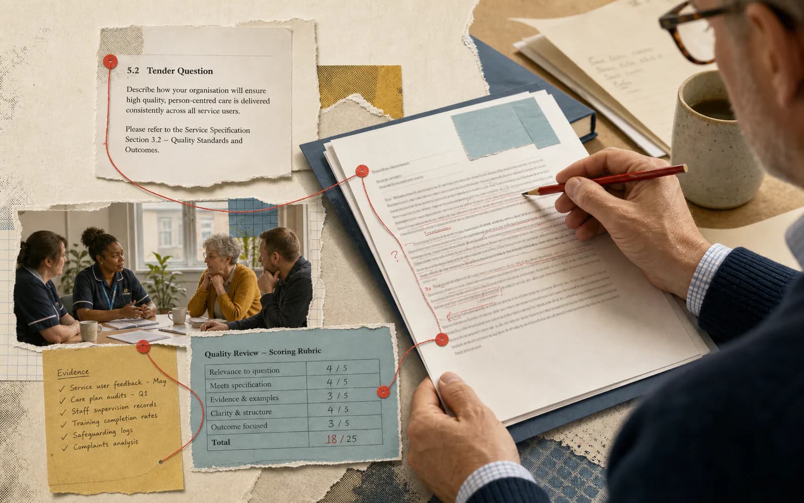 A tender reviewer checking a care provider response against the published question, evidence and scoring rubric