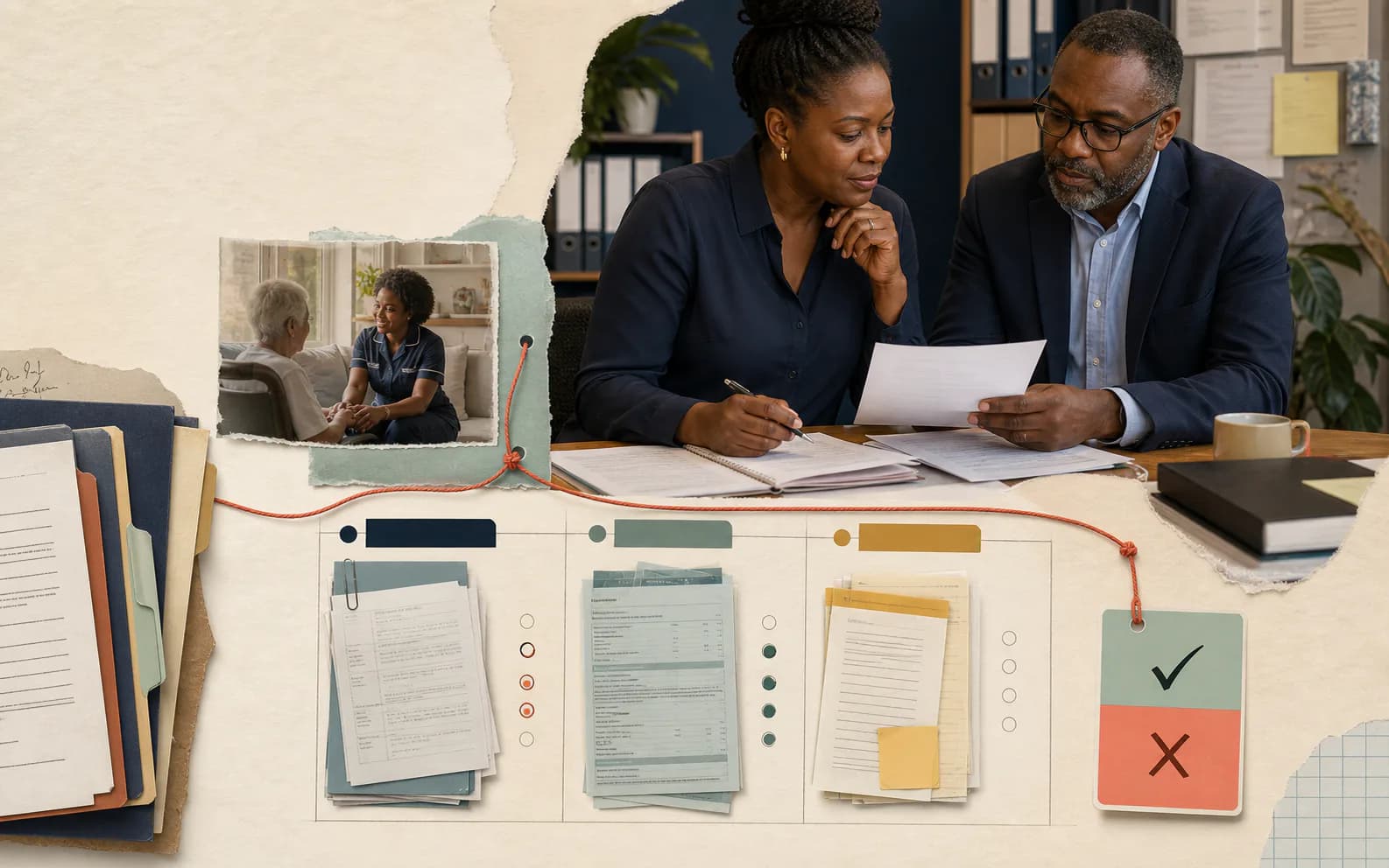 A care provider and tender specialist checking published requirements, evidence, delivery and commercial fit before deciding to bid
