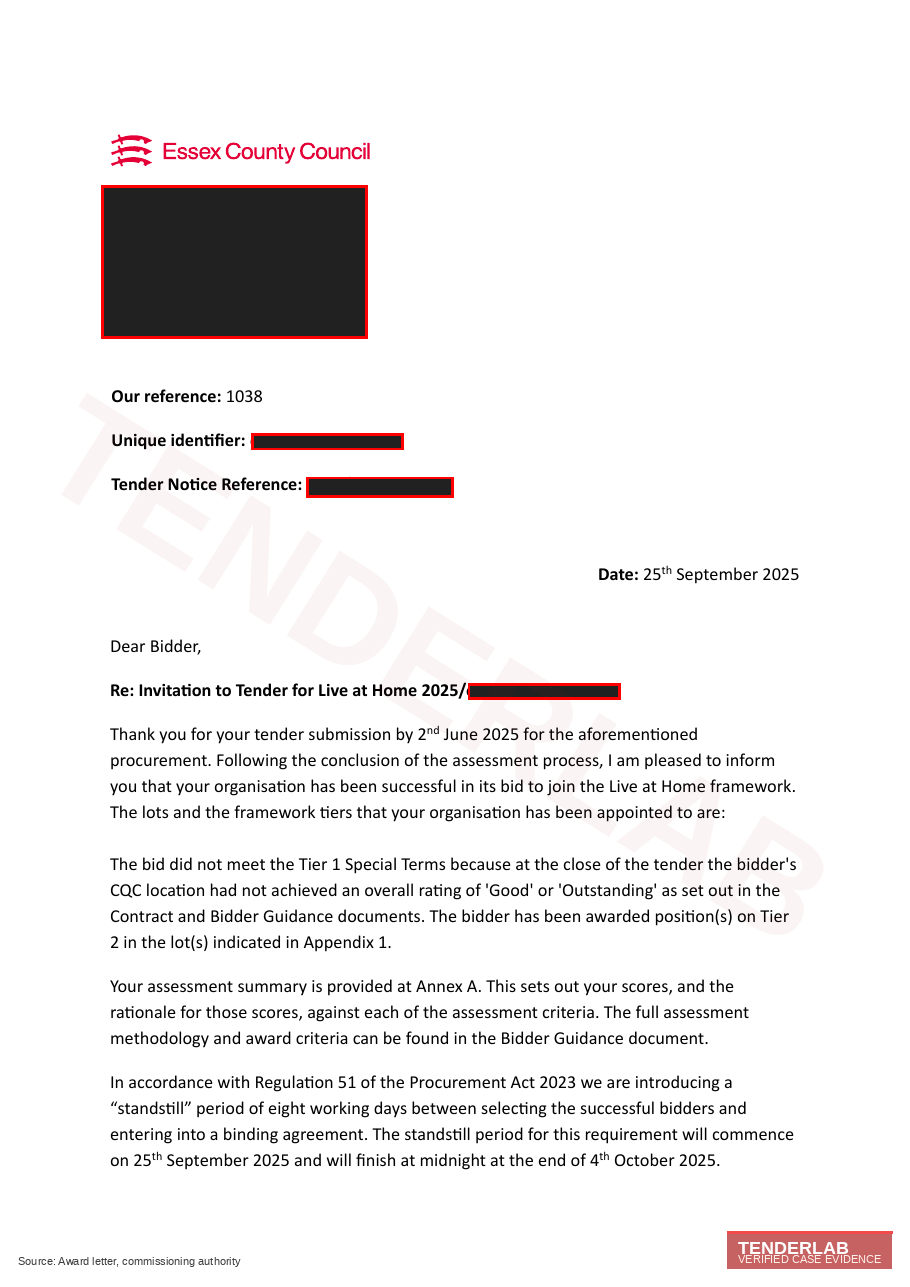 Award confirmation letter, page 1